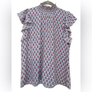 Women’s Red, White, Blue Geometric Pattern Ruffled Sleeveless Top - Size Medium